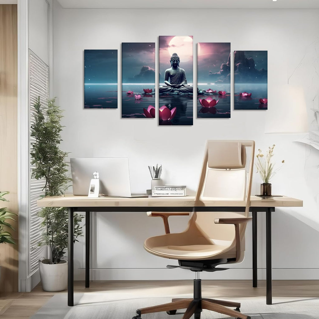 Buddha Canvas Wall Art 5 Piece Zen Wall Decor Pink Lotus Prints Meditation Picture for Yoga Spa Spiritual Room Home