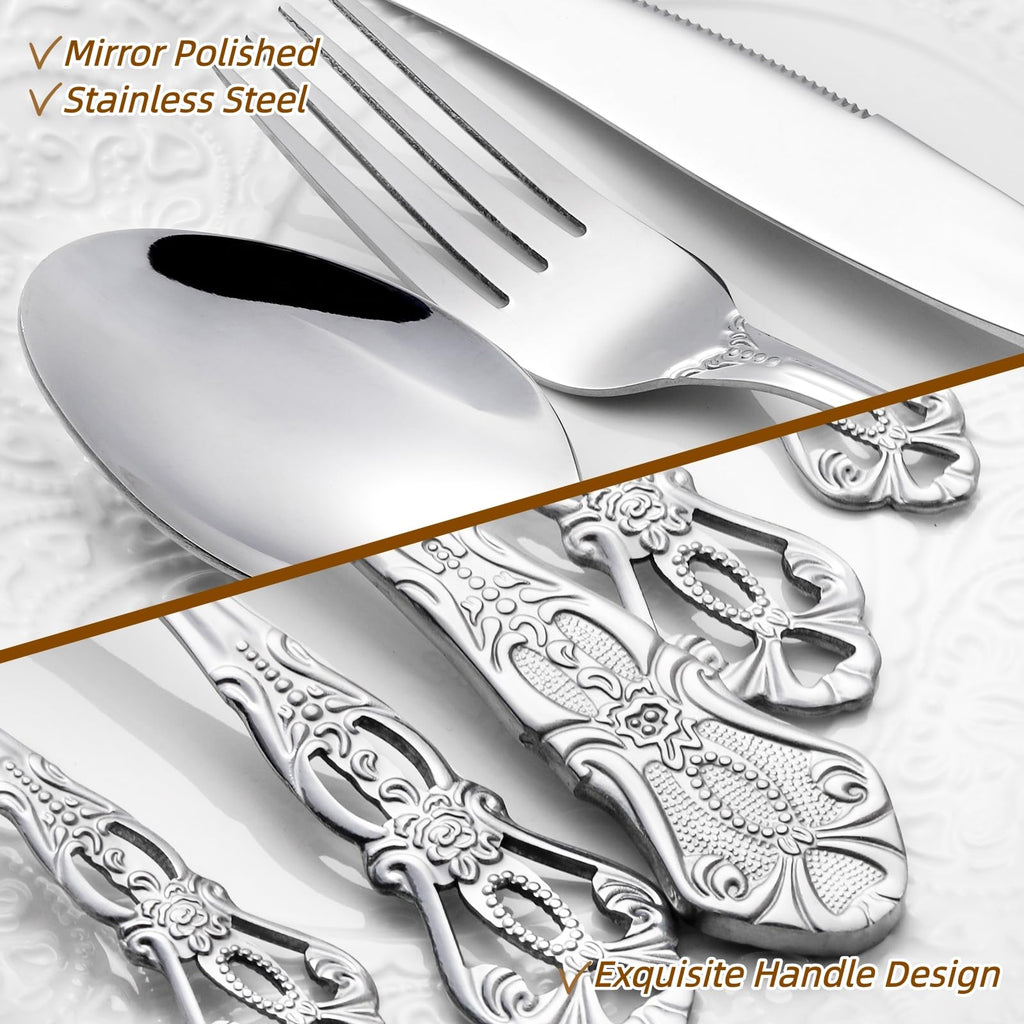 40 Pieces Retro Royal Silverware Set for 8, Stainless Steel Flatware Set, Dishwasher Safe Dinnerware Set Including
