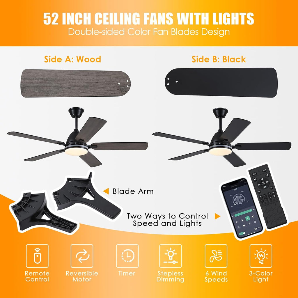 Ceiling Fans with Lights, 52 Inch Low Profile Ceiling Fan with Light and Remote Control,Reversible, RGB_3CCT, Dimmable, Quiet, Black Ceiling Fan for Bedroom Indoor/Outdoor Use A101-B0DTDB527S