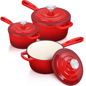Enamel Cast Iron Saucepan Set, Dutch Oven Cookware Kit, Red