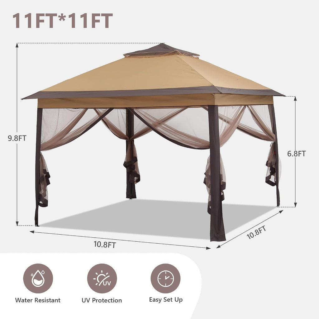 11x11 Pop Up Canopy Tent, Outdoor Canopy with Netting, Outdoor Gazebo Tent with Handbag, Brown.