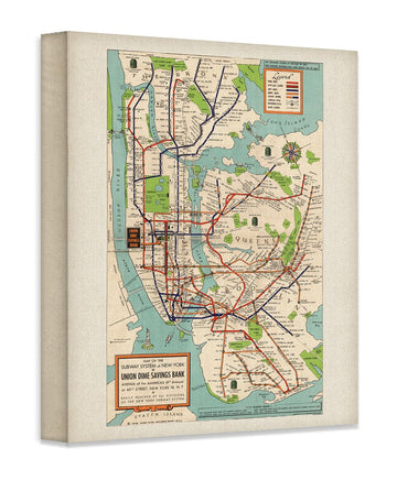 Vintage 1948 New York Subway Map 18x24 Stretched Canvas Poster - Classic NYC Transit Map Reproduction, Retro 1940s