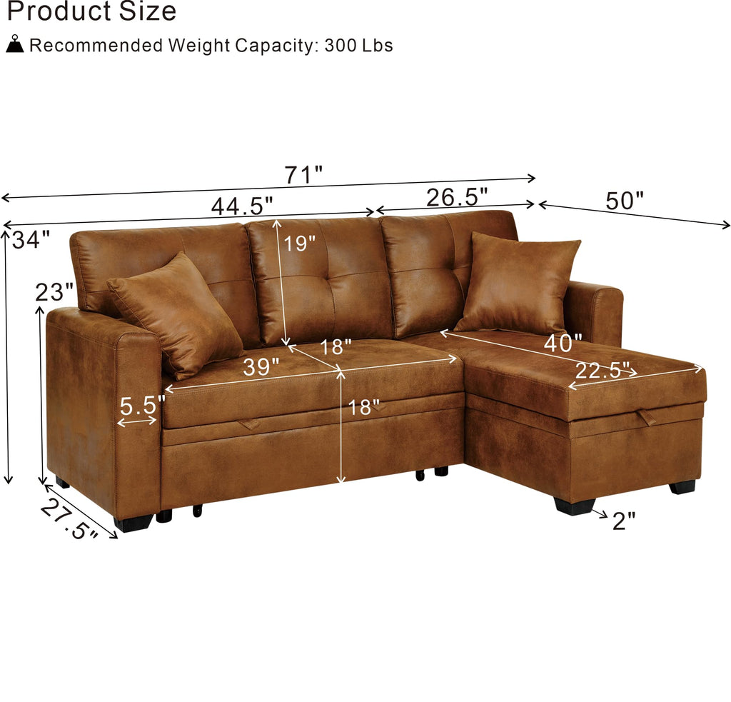 71" L Shaped Sofa with Pull Out Sofa Bed, Sectional Sleeper Sofa with Reversible Chaise, 3 Seater Modular Sectional
