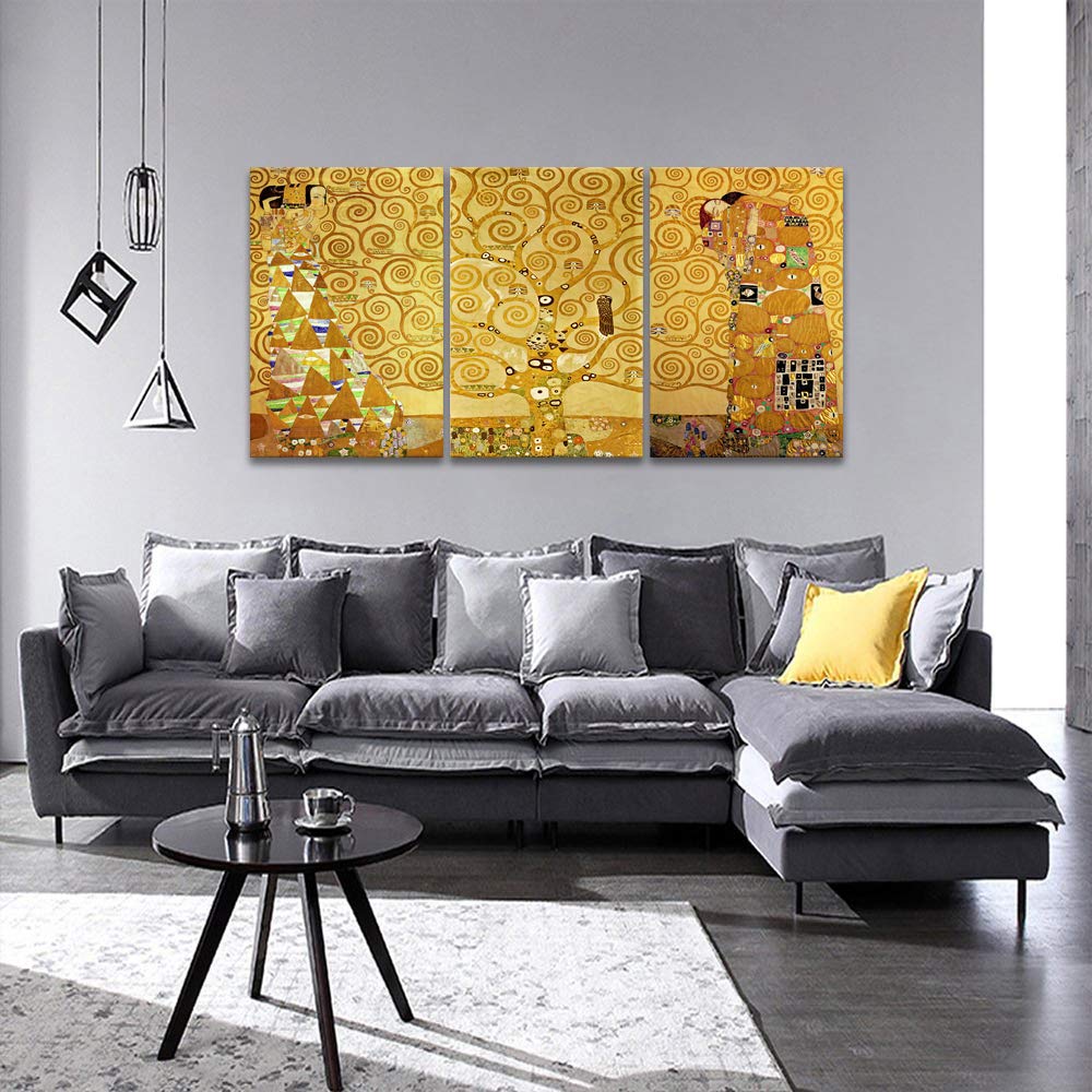 Gustav Klimt Painting Wall Art, The Tree of Life Canvas Picture Art Print, Modern Luxury Gold Style 3 Panels Wall