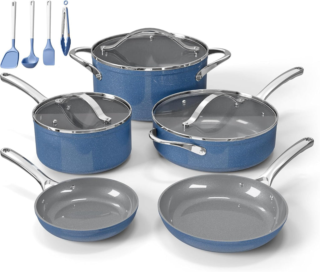 Bakken 12-Piece Ceramic Cookware Set, Nonstick Pots and Pans Set, Non-Toxic PTFE & PFAS-Free Cookware with Silicone
