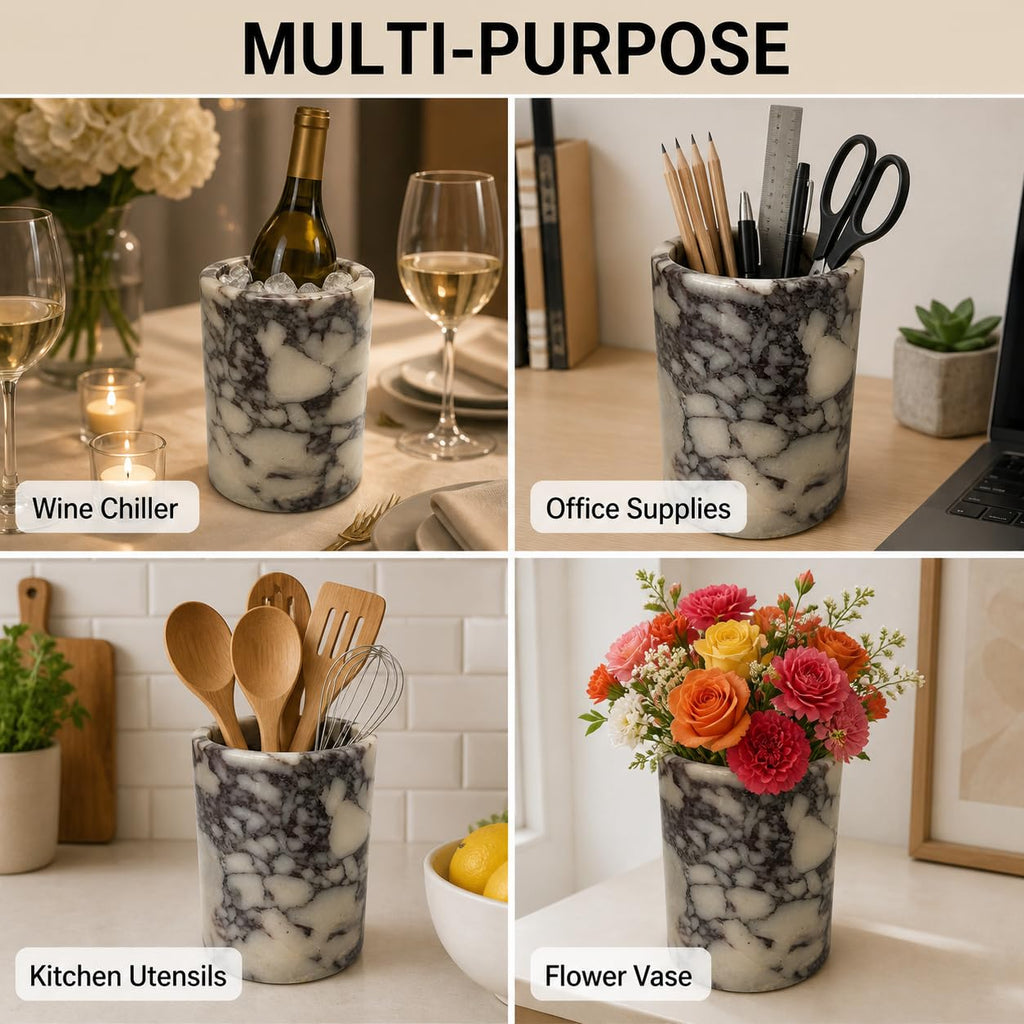 Marble Wine Chiller Bucket, Calacatta Viola Kitchen Utensil Holder
