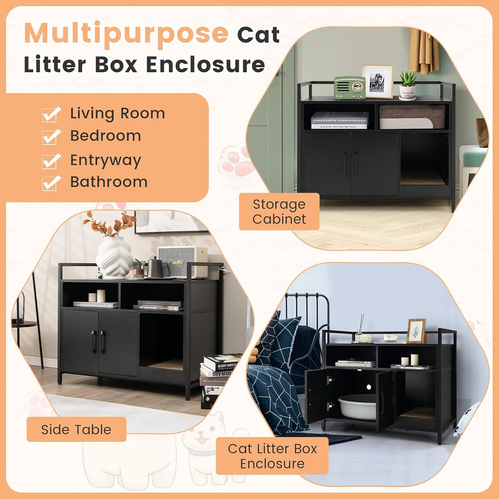 Cat Litter Box Enclosure, Litter Box Cabinet with Cat Scratcher, 2-Door Storage Cabinet, 2 Open Compartments and Air