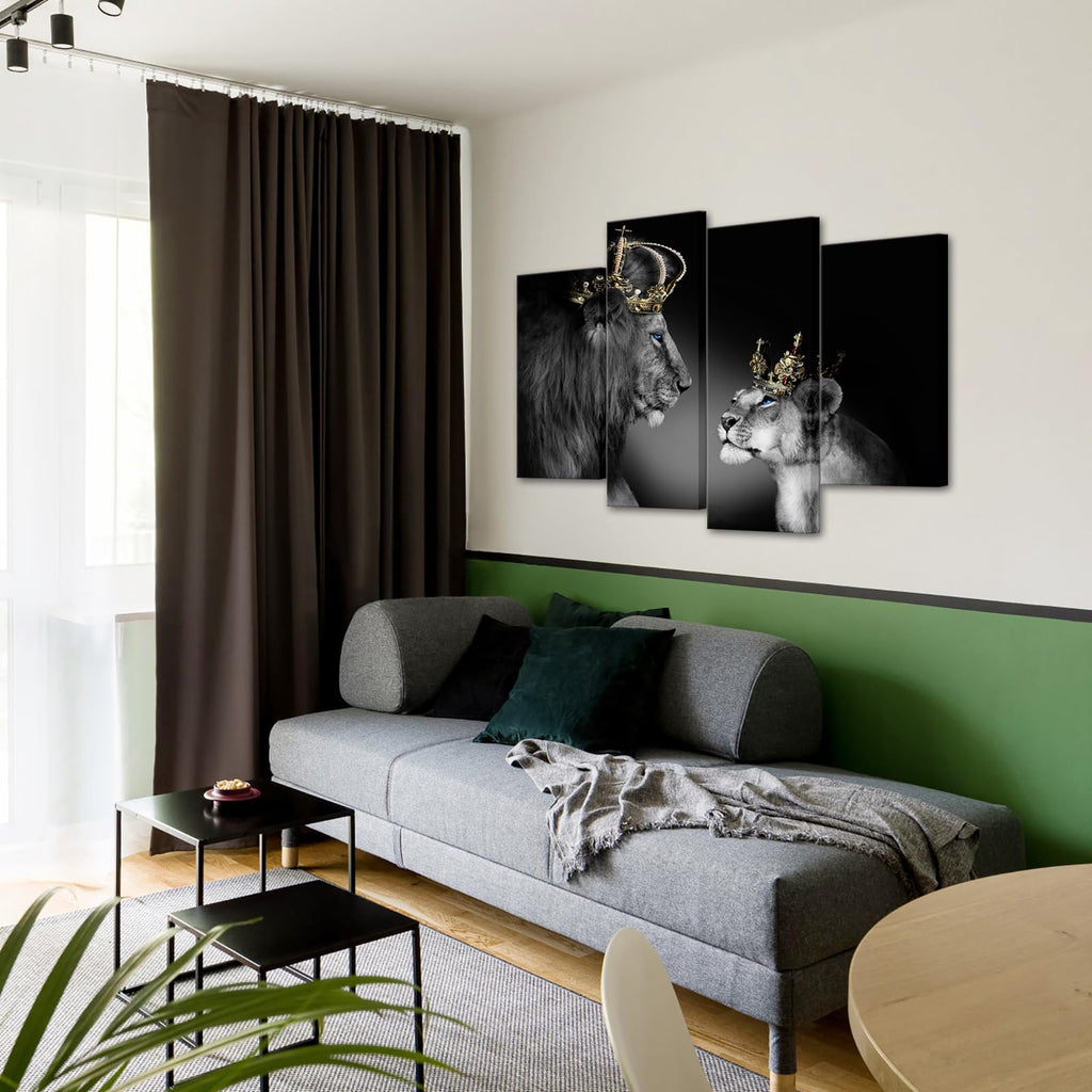 Large 4 Panel Wall Decor The Lion King and Queen with Crown Wall Art African Wild Animals Canvas Prints Pictures