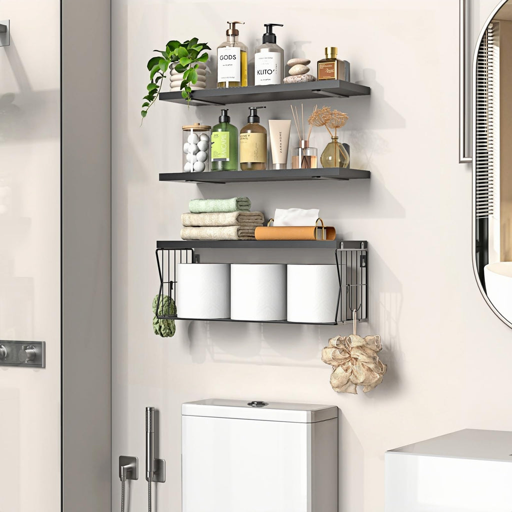 Floating Bathroom Shelves Wall Mounted - Wooden Shelf Set of 3 for Over Toilet Storage & Modern Bathroom Decor