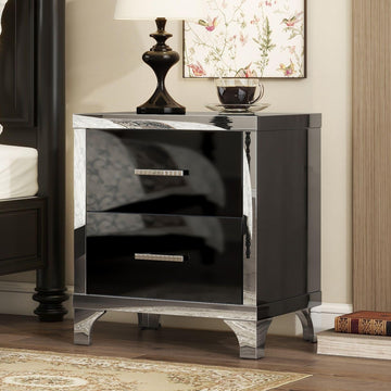 Night Stand with 2 Drawers, Mirrored High Gloss Wood Nightstand Metal Handle Bedside End Table, Black