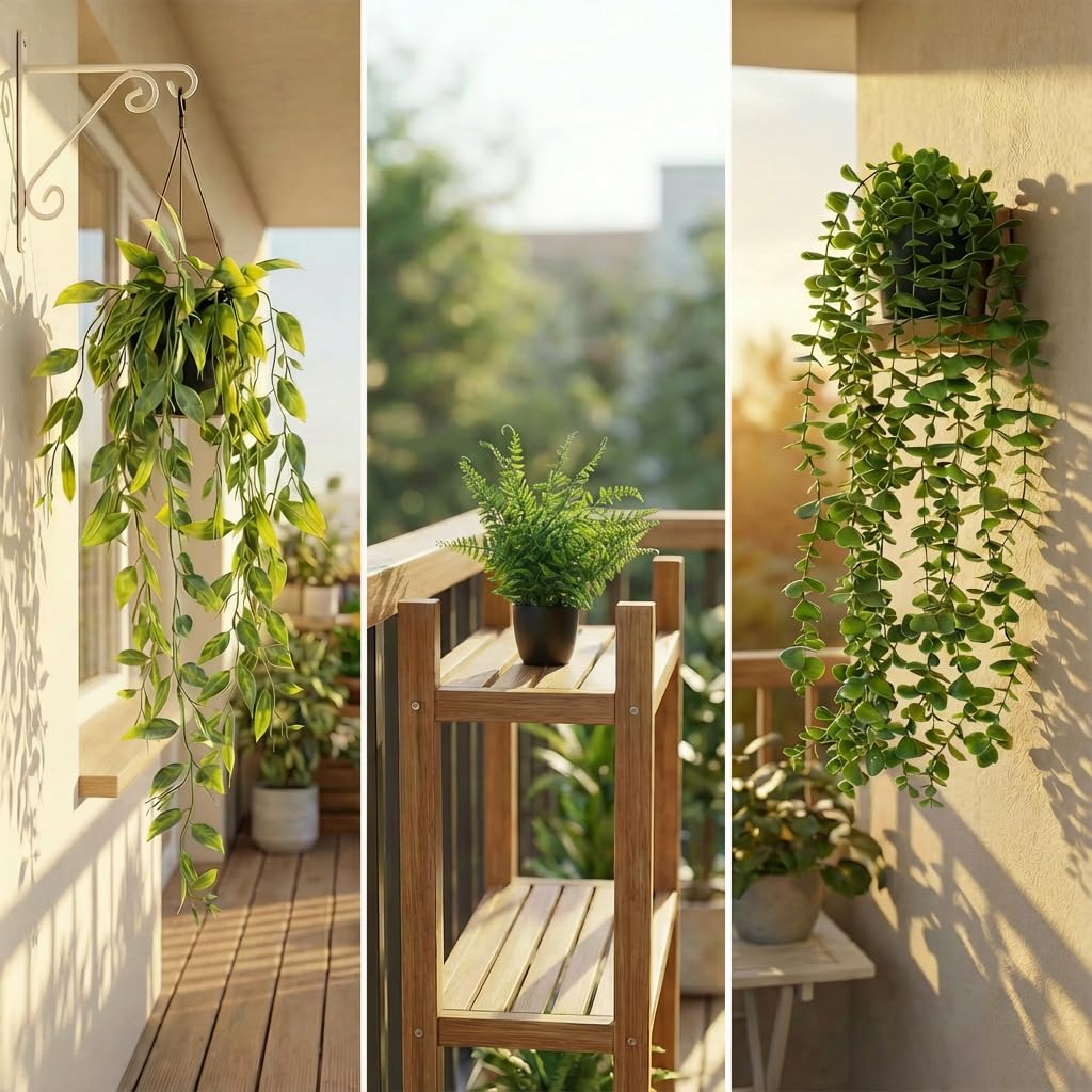 5 Pack Fake Plants - Artificial Hanging Plants & Small Potted Faux Eucalyptus Fern Ivy, UV Resistant