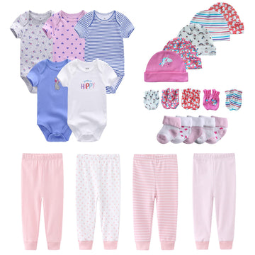 Newborn Layette Gift Set Bodysuits Pants for Baby Girl and Boy 24 Piece 100% Cotton Essentials and Accessories