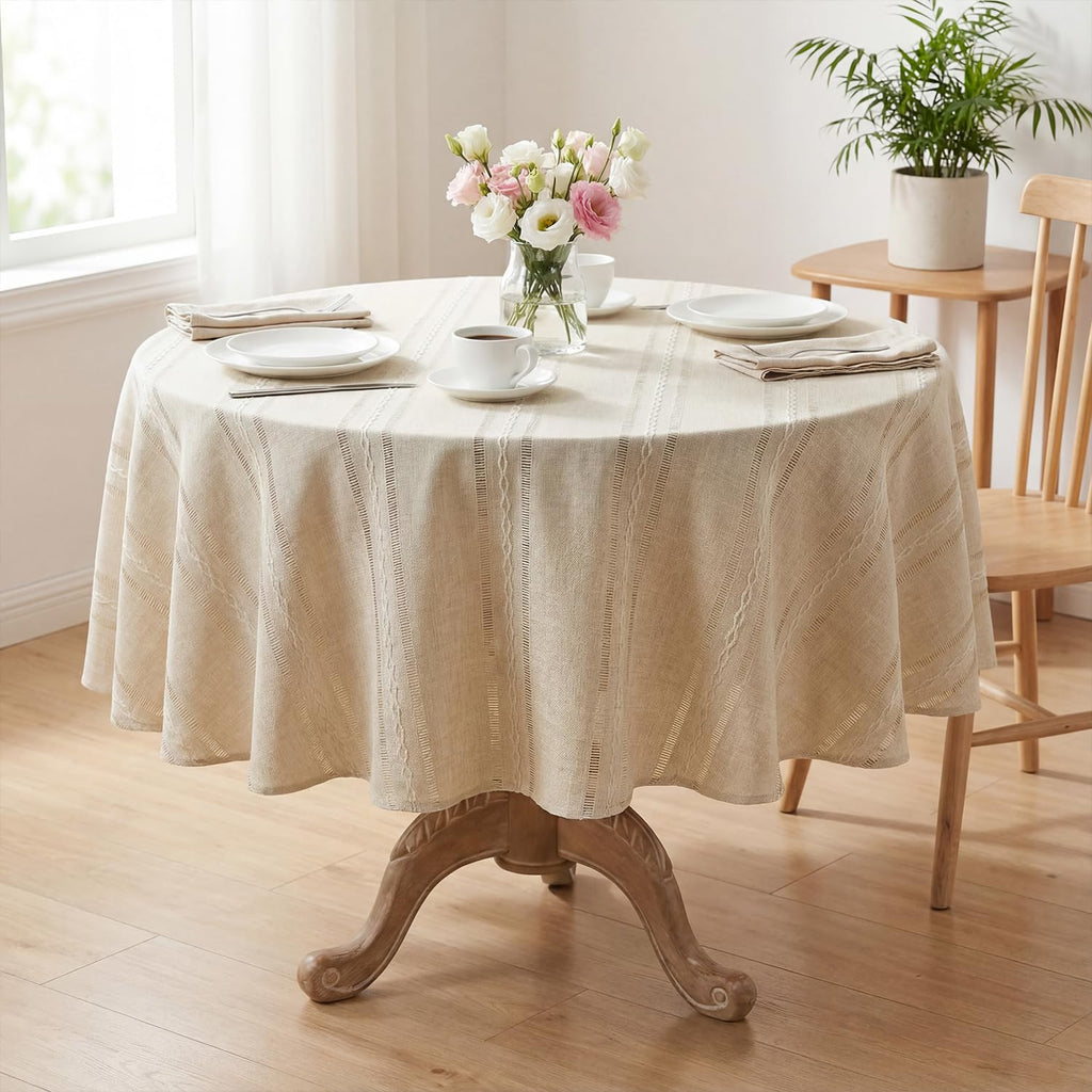 Beige Round Tablecloth, 60×60 Inch, Farmhouse Decor