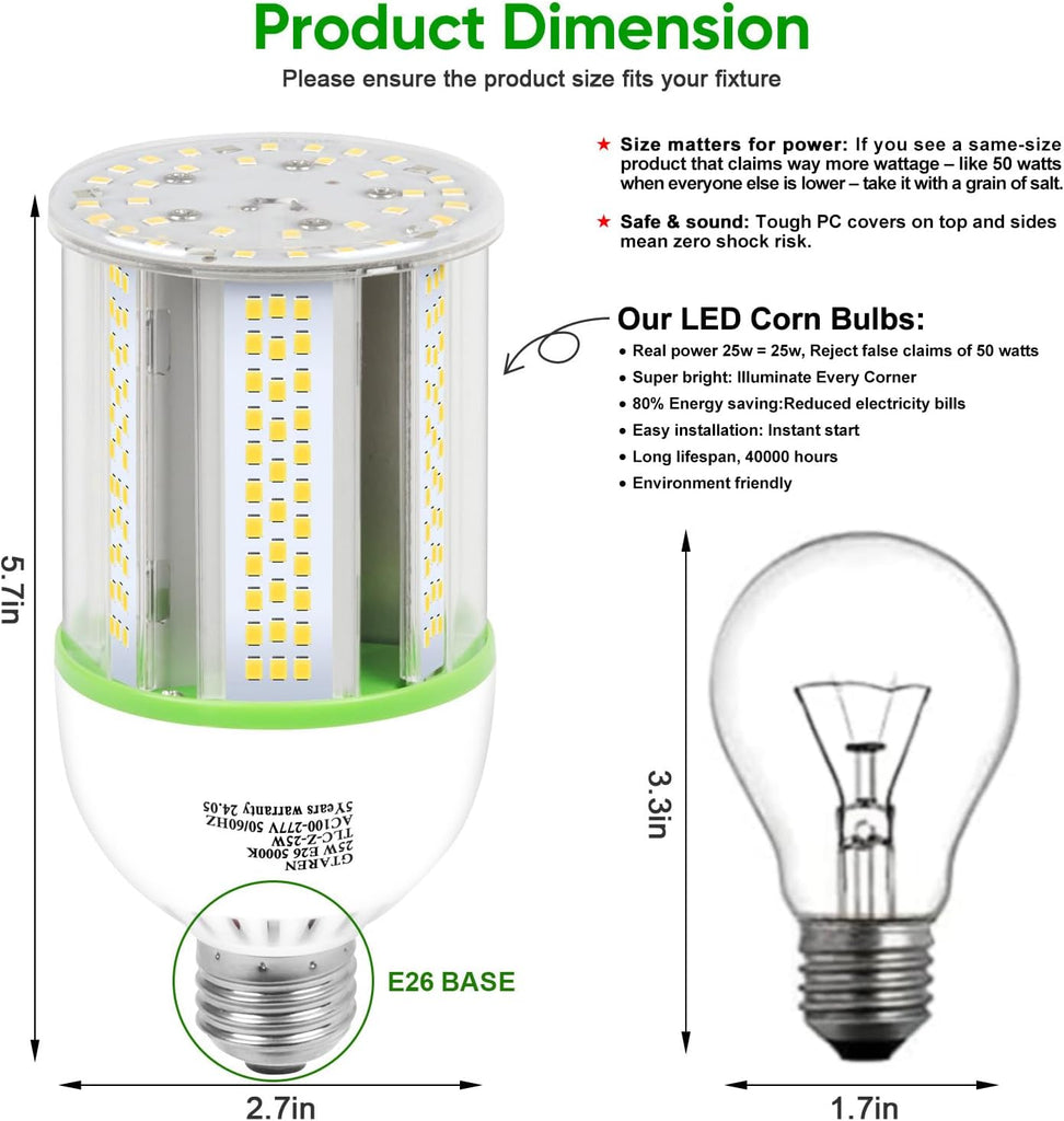 E26 LED Bulb, 25W Corn Light, 250W Equivalent, 3500 Lumens, 5000K Daylight White, CFL MH HID Replacement - Indoor