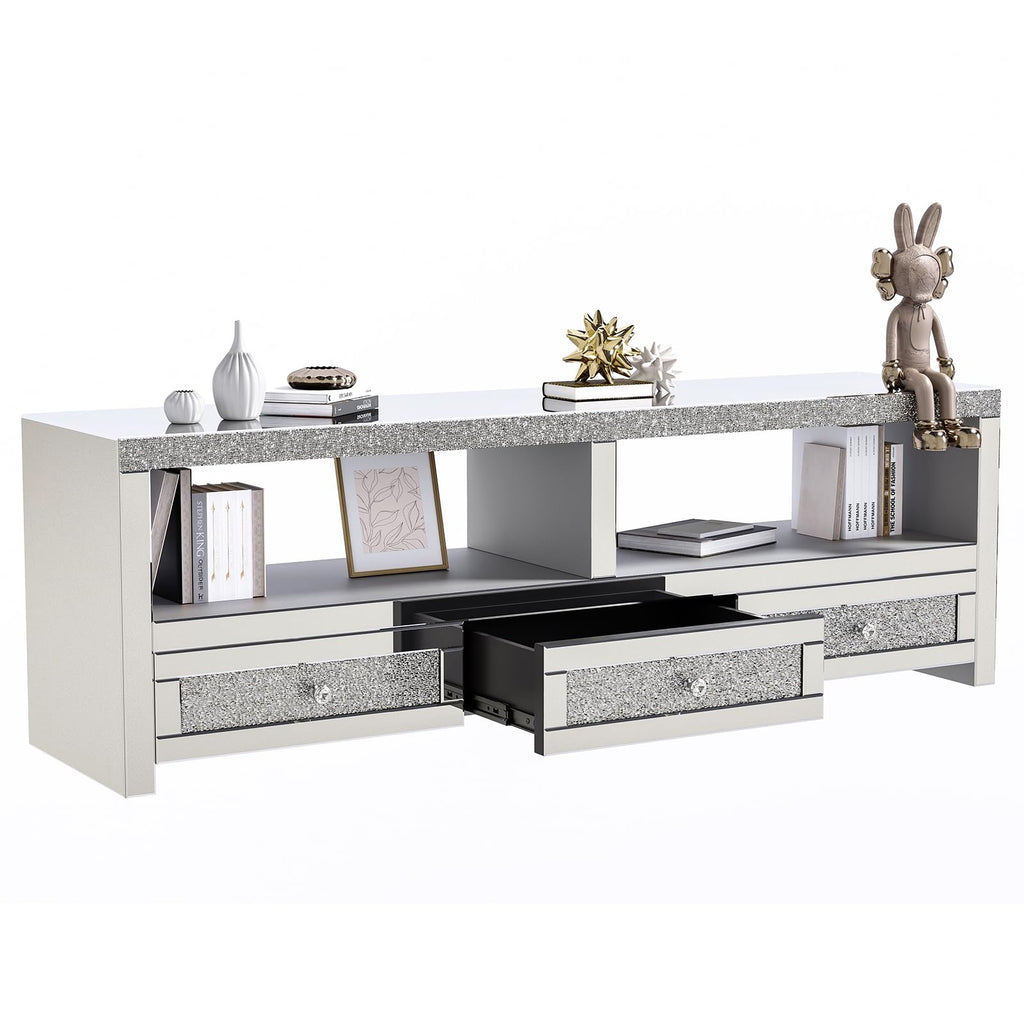 Silver Mirrored TV Stand for TVs Up to 65 Inches, LED TV Stand Modern Entertainment Center with Drawers & Open