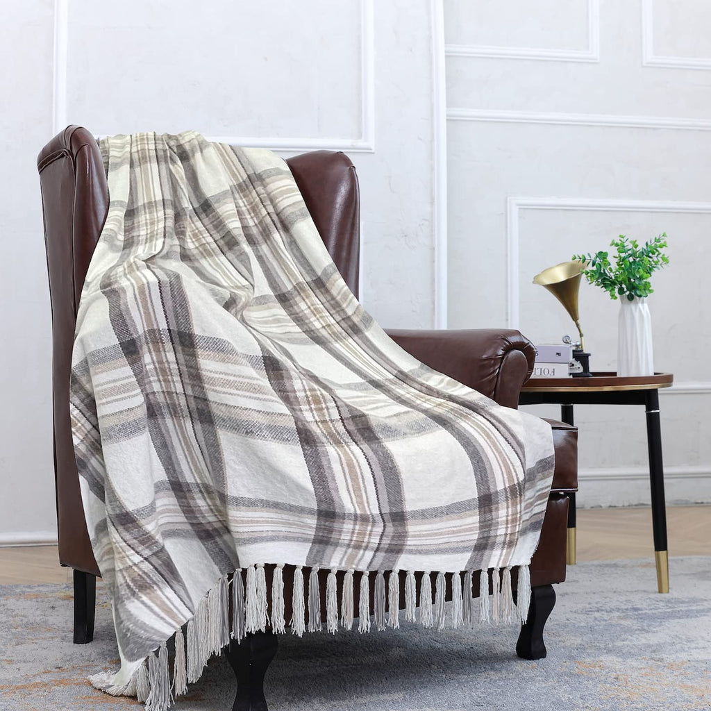 Taupe Grey and White Plaid Decor Tartan Blanket, Lightweight Soft Chenille Striped Knitted Rustic Farmhouse Throw