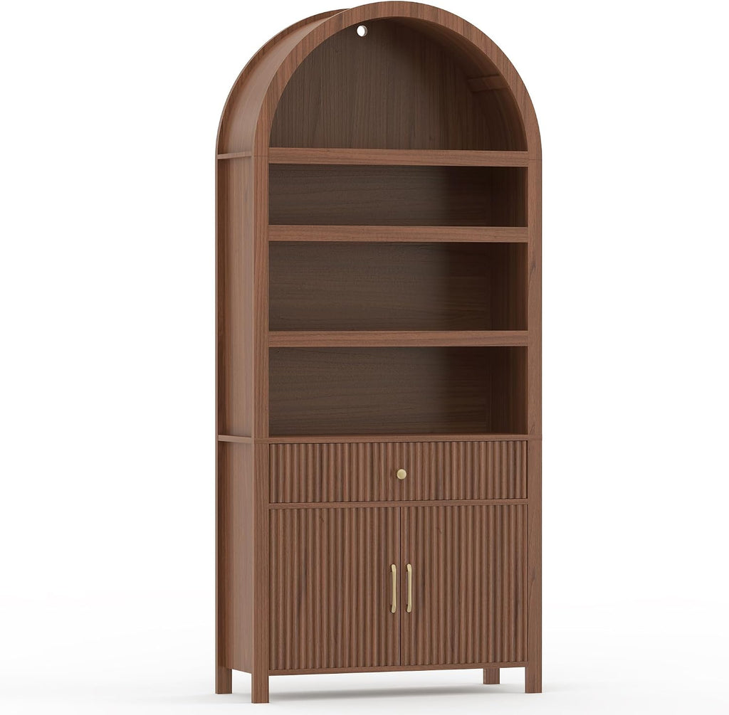 Book Shelf 70" Tall Bookcase with Drawer,7-Tier Arched Cabinet with Storage and Fluted Door,Mid-Century Modern