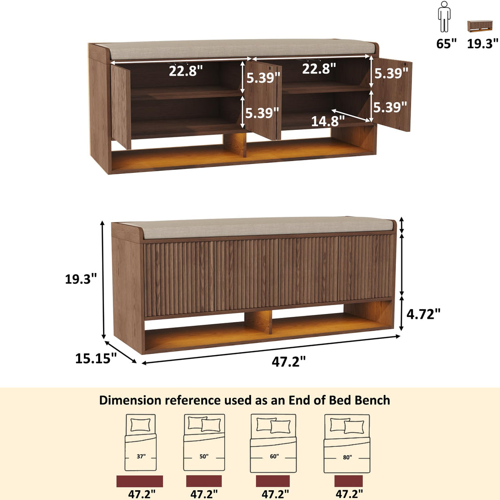 47.2" Fluted Shoe Storage Bench, Entryway Bench with Linen Seat Cushion, Shoe Cabinet Bench with Adjustable Shelf and