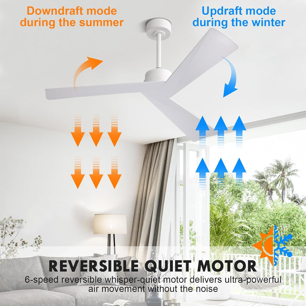 Inspired Adler Style 52" DC Ceiling Fan Without Light, 3 Sculpted ABS Blades, 6-Speed Remote - White