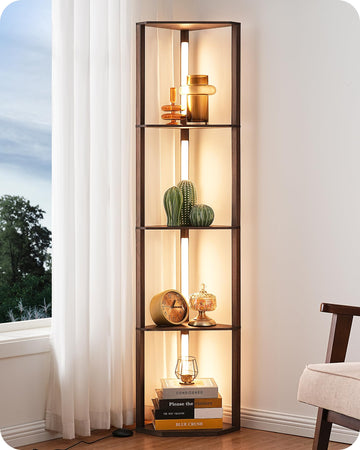LED Corner Floor Lamp with Shelves, 3CCT, Walnut