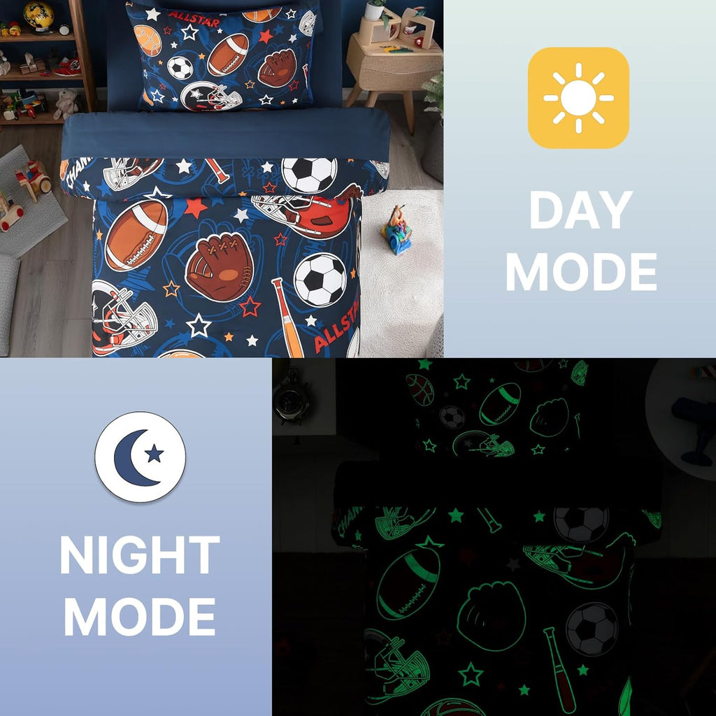 Twin Comforter Set for Boys-5 Pieces Sports Ball Games Glow in the Dark Twin Bedding Sets for Kids, Soft Bed in A Bag