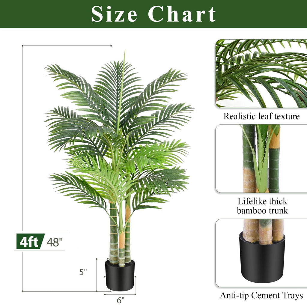 4FT Artificial Palm Tree - Tropical Faux Golden Cane Palm Tree UV Resistant Tall Fake Plant Indoor with Black Pot