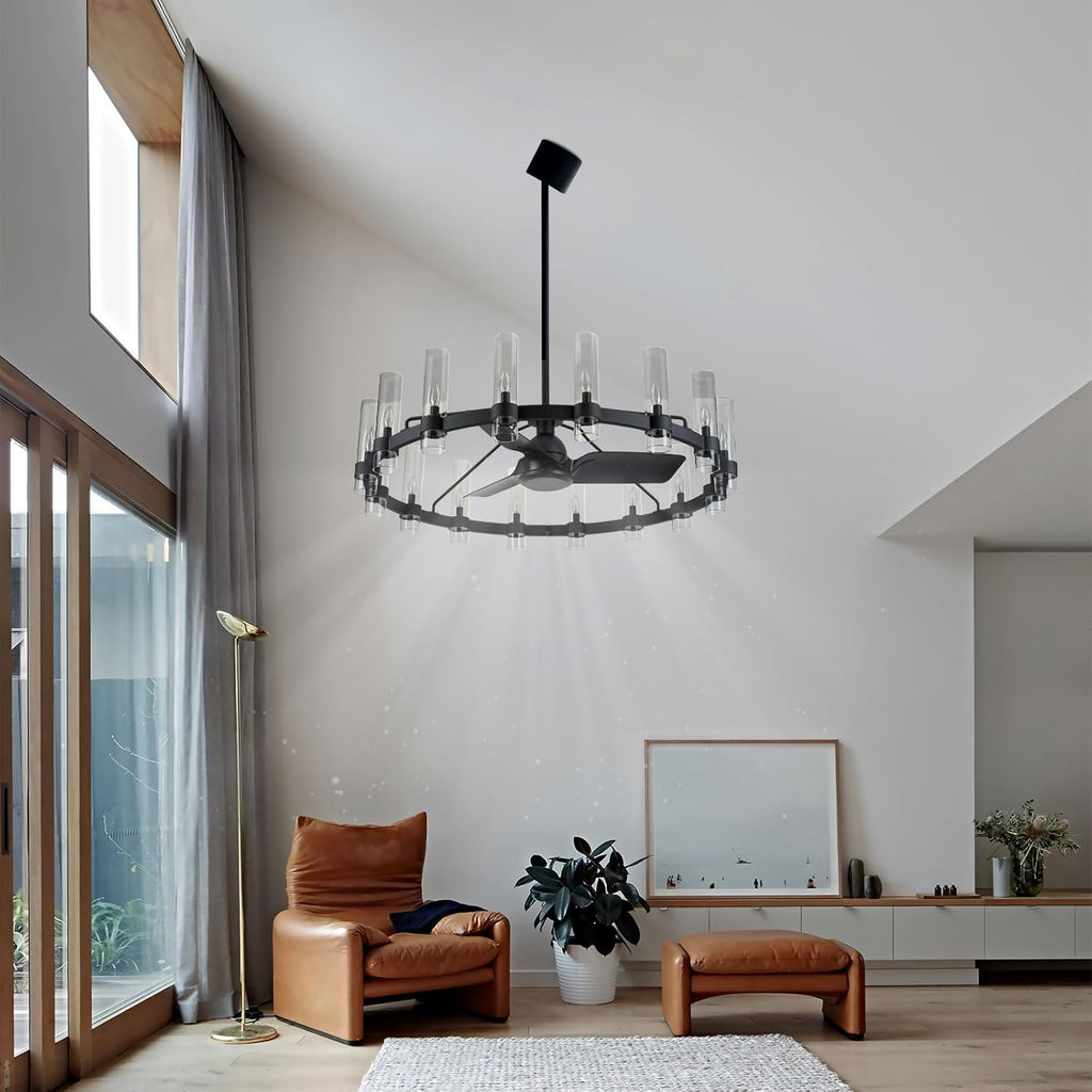 Black Ceiling Fans with 16 Lights Wagon Wheel Chandelier, 48 Inch Modern Farmhouse Fandelier, Quiet 6-Speed Reversible DC Motor, 1/2/4H Remote Timing for Living Room/Bedroom/Kitchen A115-B0F5M3KHDN