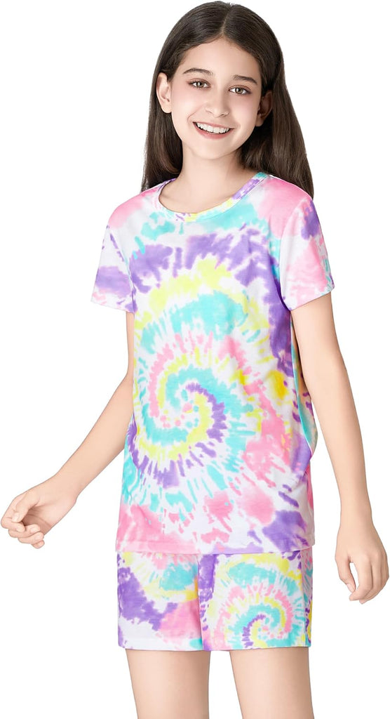 Girls Pajama Set Tie Dye Cute Prints Tee & Shorts