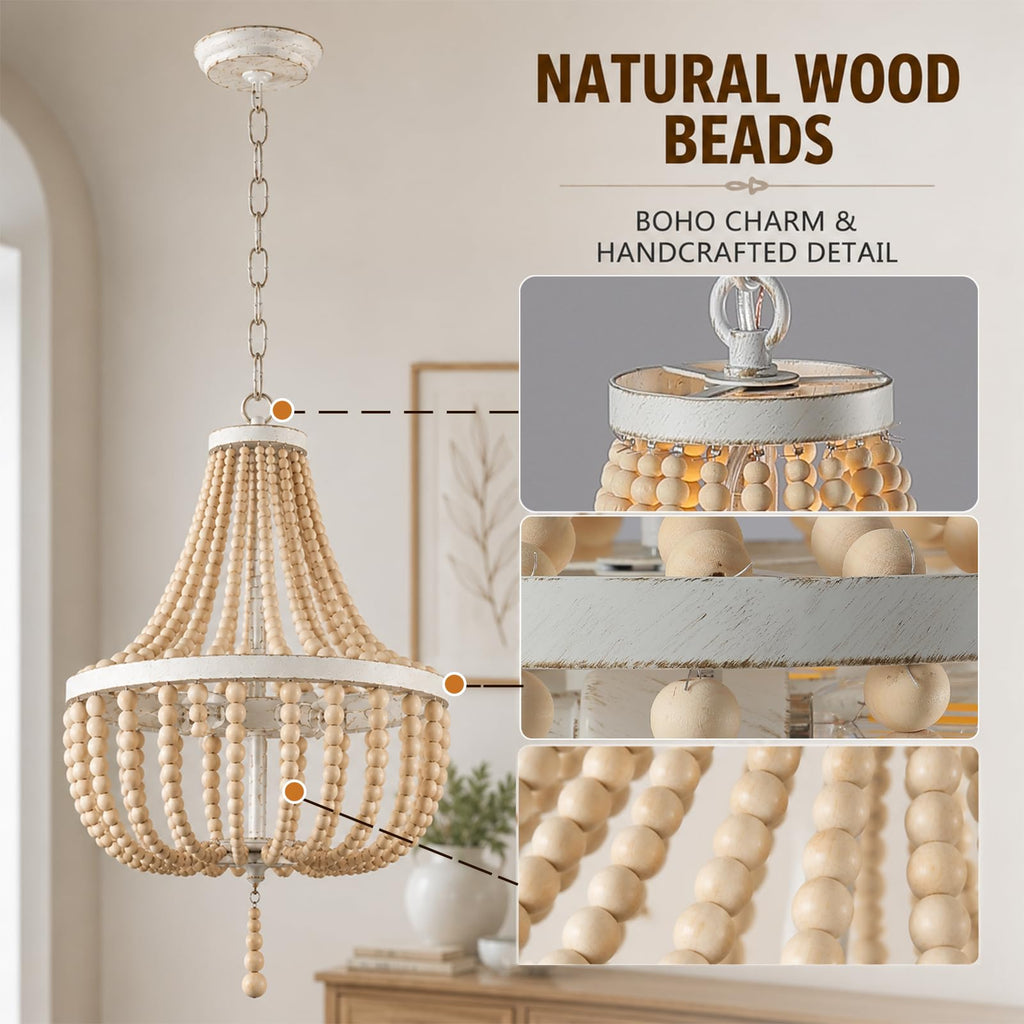 3-Light Mini Bohemian Wood Beaded Chandelier Pendant Boho Light Fixture, Antique Metal Finish Natural Color Wooden
