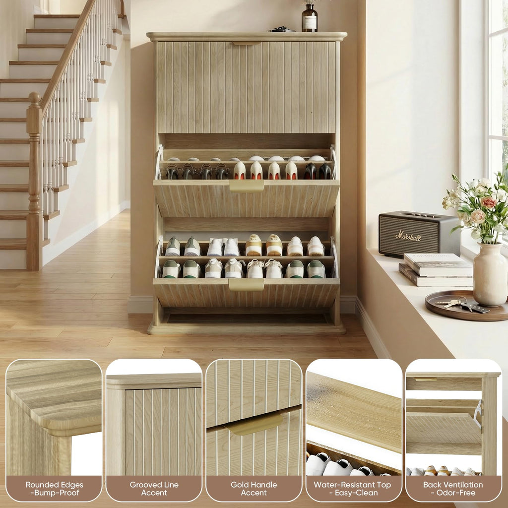 Natural Wood Hidden Shoe Storage Cabinet, Narrow Shoe Rack Cabinet with 3 Flip Drawers, Freestanding Shoe Organizer