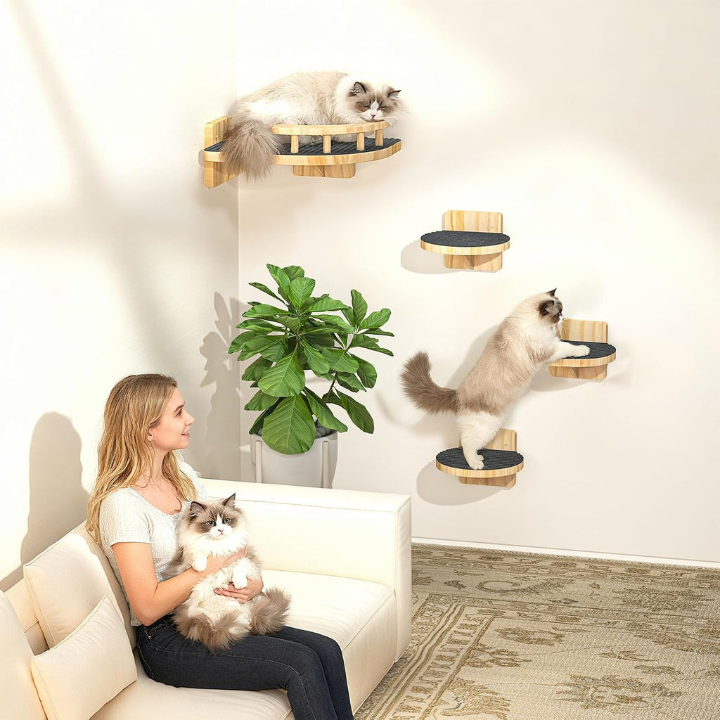 Cat Wall Shelves, Corner Cat Shelf with 3 Wide Perch Steps, Kitty Wall Climber Wooden Furniture up to 25lbs, Modern