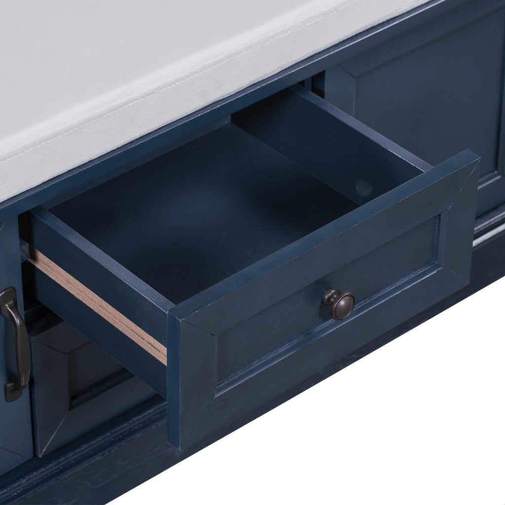 Rustic Storage Bench with 4 Doors 2 Draws Adjustable Shelves Removable Cushion Rectangular Cabinet Foot Rest Stool