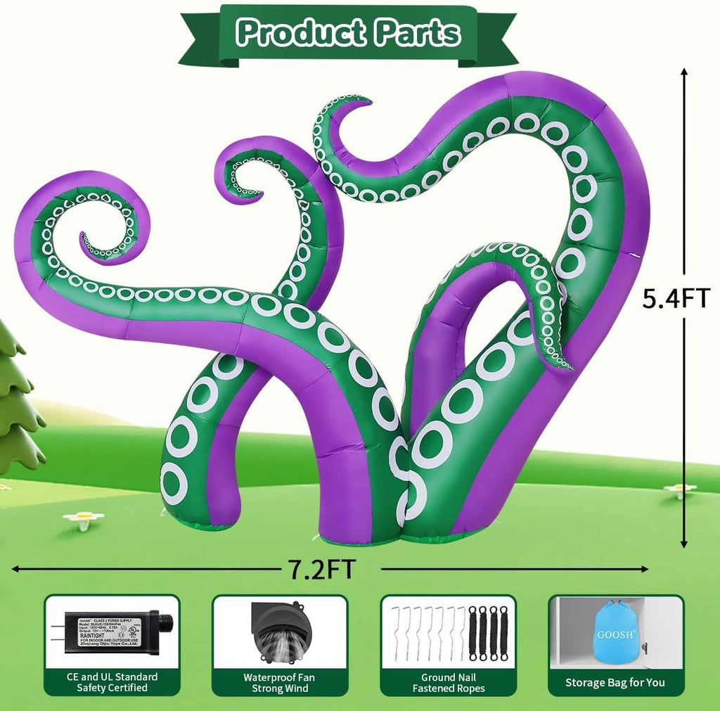 7.2 FT Long Inflatables Octopus Holiday Outdoor Decorations Blow Up Yard with Built-in LEDs for Vacation Garden Lawn