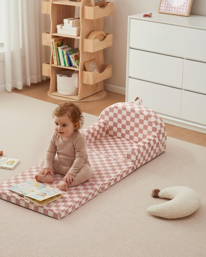 Foldable Kids Couch, in-1 Kids Sofa Chair, Blush Check