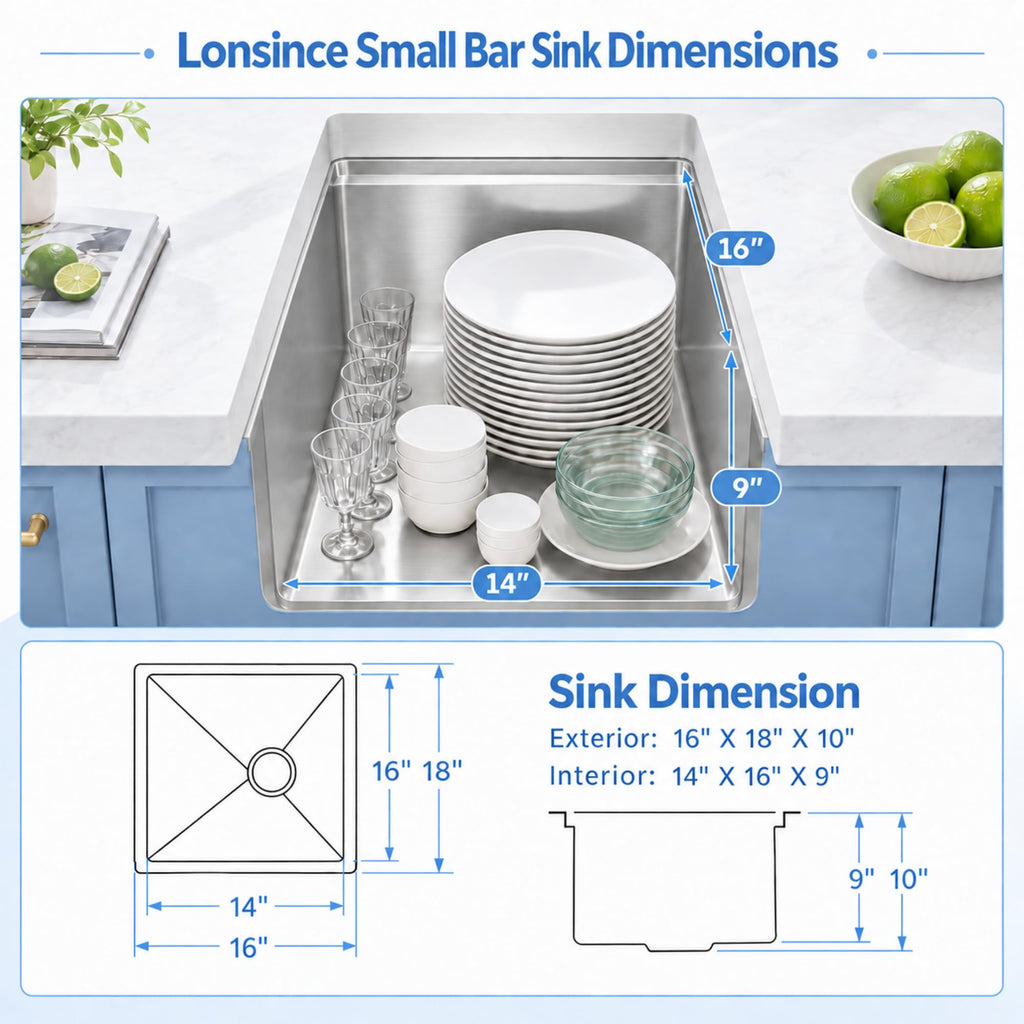 Undermount Bar Sink 16" X 18", Wet Bar Prep Sink with Workstation