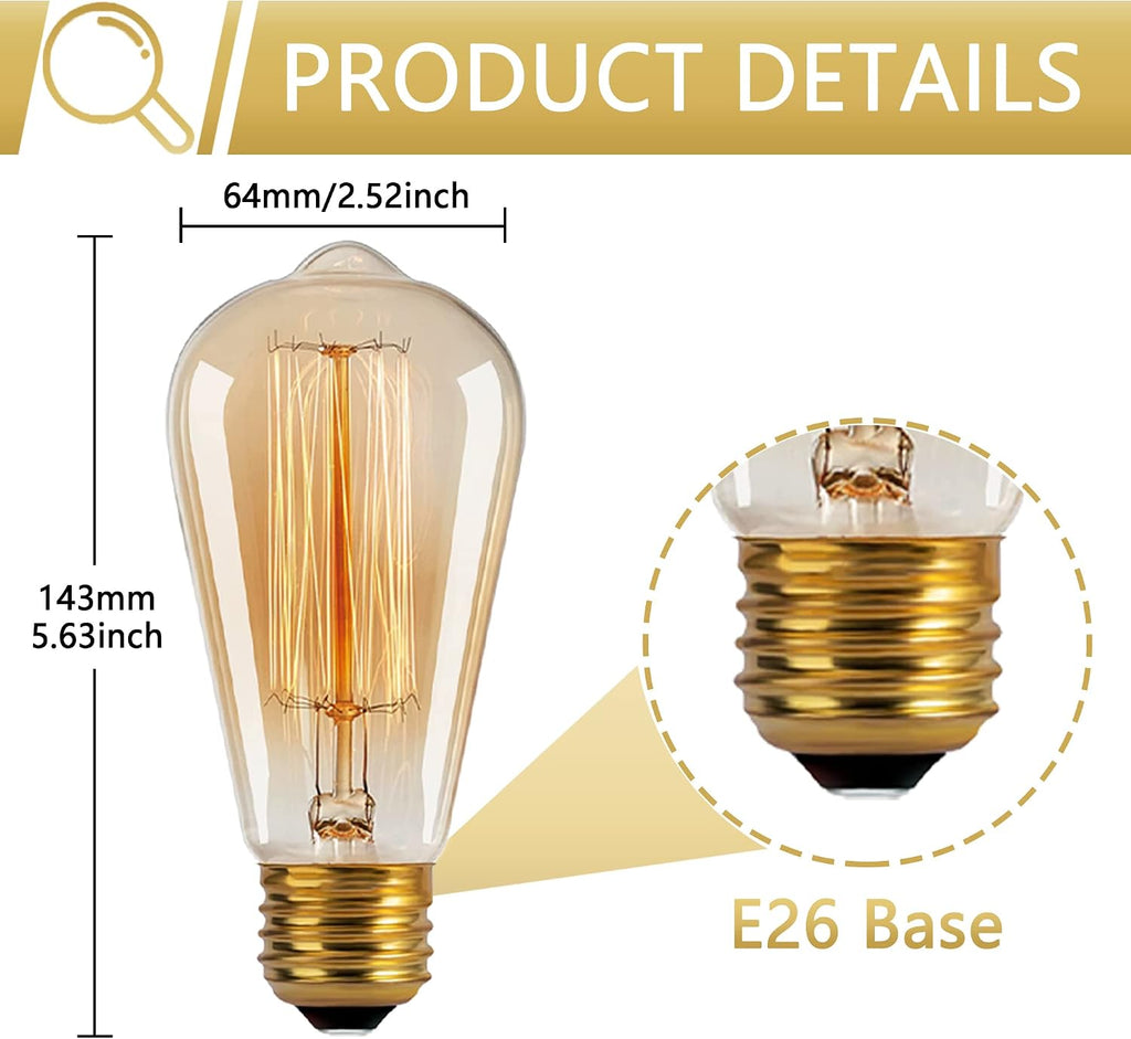 ST64 Incandescent Edison Bulb 40W E26 2200K Dimmable Amber Glass 2-Pack