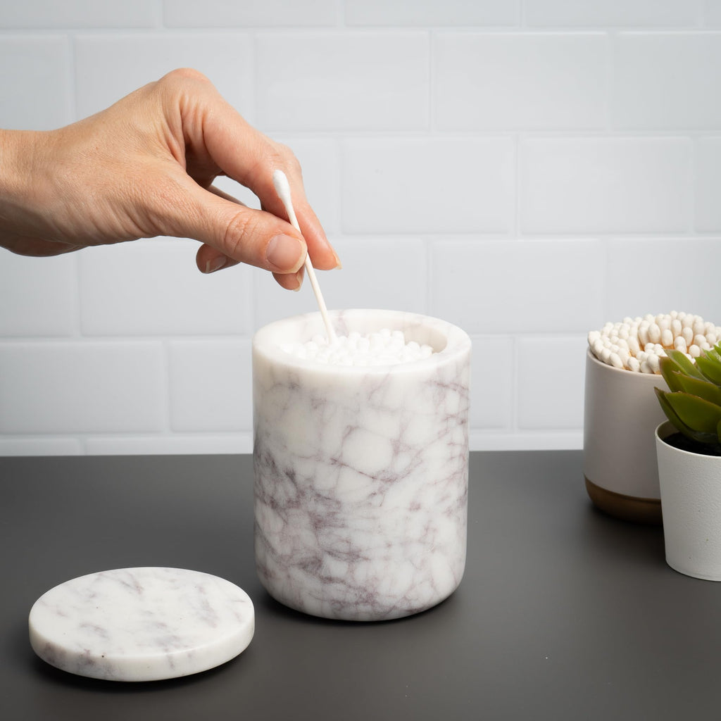 Marble Bathroom Canister with Lid for Qtips and Swabs