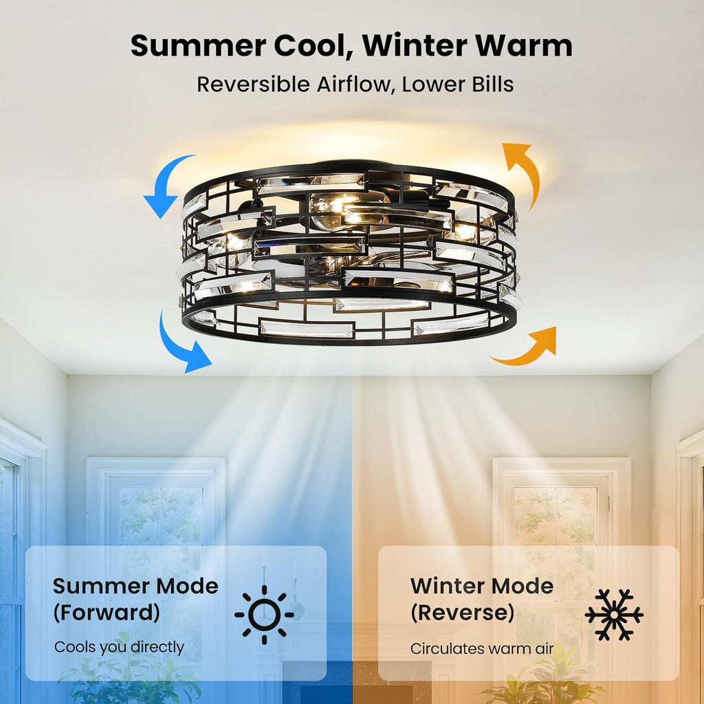 Crystal Caged Ceiling Fan with Light, 18.9'' Flush Mount Low Profile Fandelier, Black Industrial Farmhouse