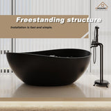 63" Free Standing Tub, Matte Black Stone Resin Freestanding Bathtub Solid Surface Soaking Tub with Drain, Drain Hose