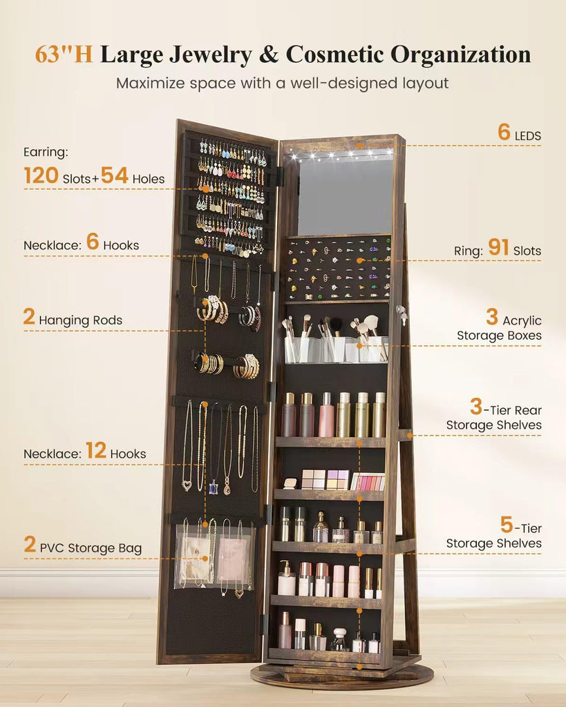 LED Jewelry Cabinet Standing, 360° Swivel Jewelry Armoire, Brown