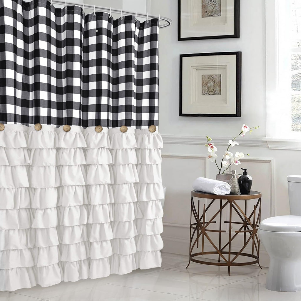 White Ruffle Farmhouse Black and White Buffalo Plaid 72 X 72