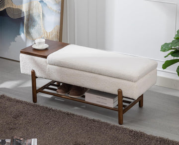 Modern Storage Bench End of Bed Sherpa Upholstered Ottoman Bench with Storage and Wood Shoe Rack Farmhouse Long
