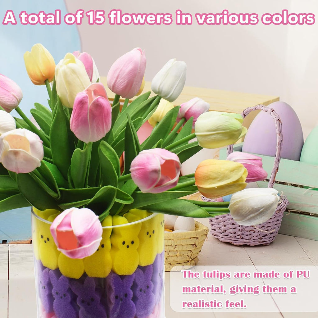 Easter Decorations,Easter Peeps Decor,15 Artificial Tulips with 45 Bunnies Vase Filler Set,Perfect Spring Decor,Table