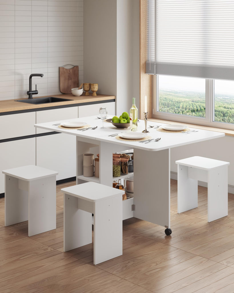 Folding Dining Table with 4 Chairs for Small Spaces, White