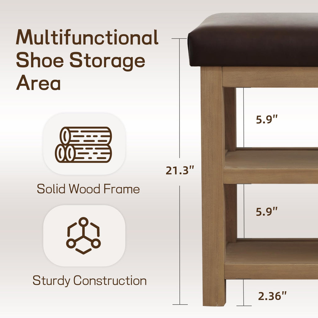 Shoe Rack Bench with Leather Cushion, 2 Tier Solid Wood Storage Bench, Mid-Century Modern Shoe Bench, Closet, Front
