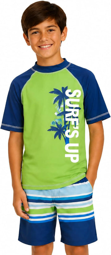 Boys Piece Rash Guard Swim Set Short Sleeve Shirt & Trunks