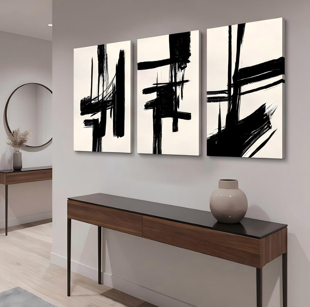 Black and White Abstract Wall Art Set of 3, Modern Minimalist style Canvas