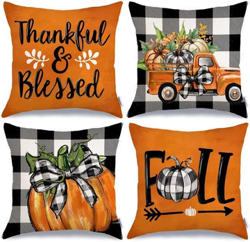 Fall Buffalo Plaid Pumpkin Throw Pillow Covers 18 x 18 Inch - Set of 4