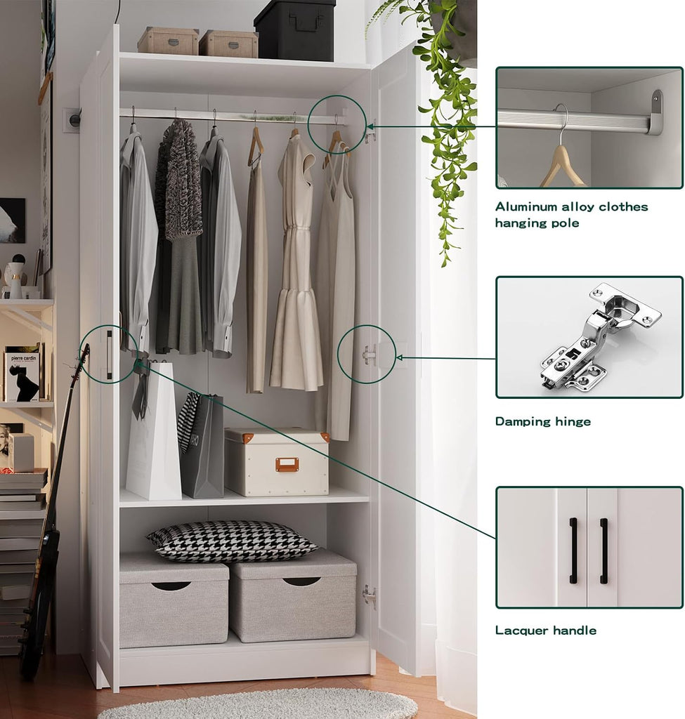 Wood White Wardrobe Closet with 2 Doors and 2 Drawers,Bedroom Freestanding Armoire Storage Cabinet with