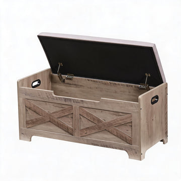 Farmhouse Lift-Top Storage Bench Chest, Wooden Entryway Shoe Bench with Safety Hinges, Storage Trunk /Living Room
